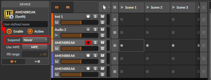 Bitwig track settings showing Suspend set to Never