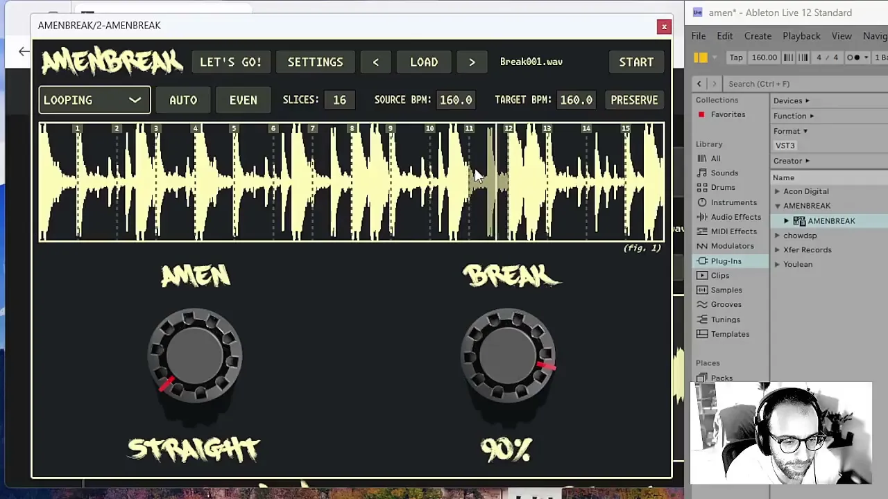 AMENBREAK VST performance page with a sliced waveform and BREAK knob turned to a high probability
