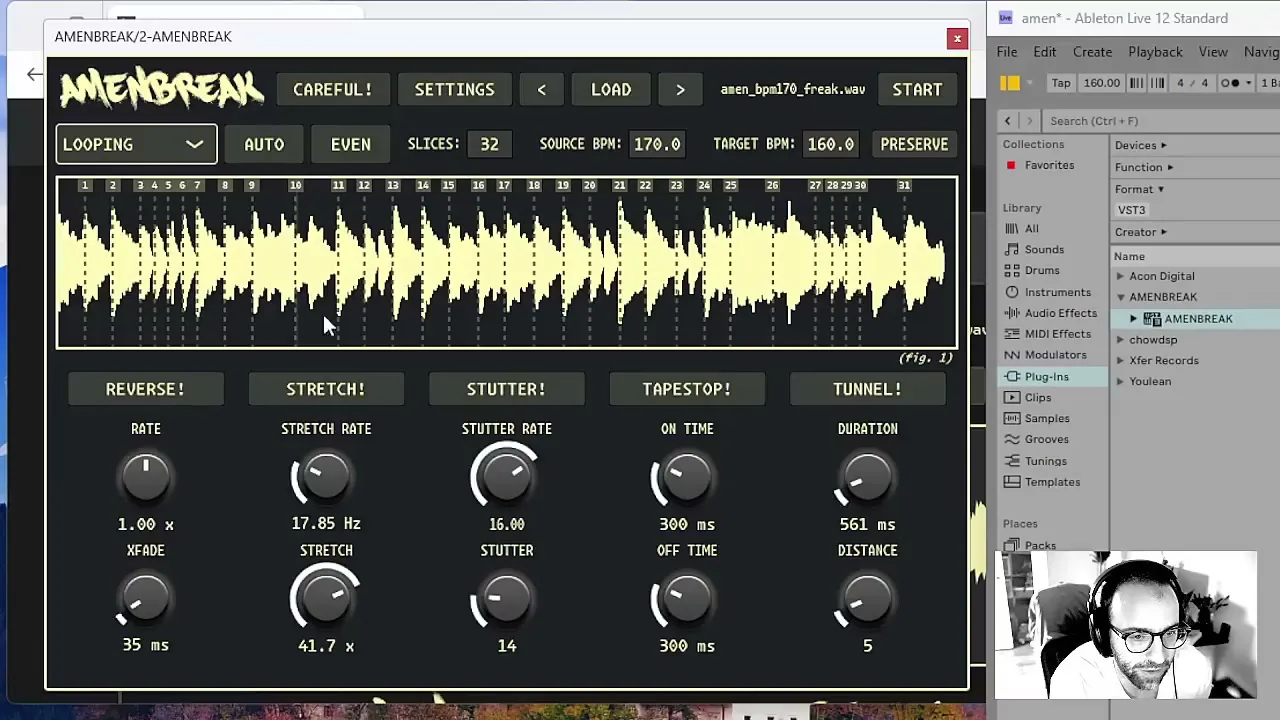 AMENBREAK VST CAREFUL mode showing reverse, stretch, stutter, tape-stop, tunnel, and crossfade controls