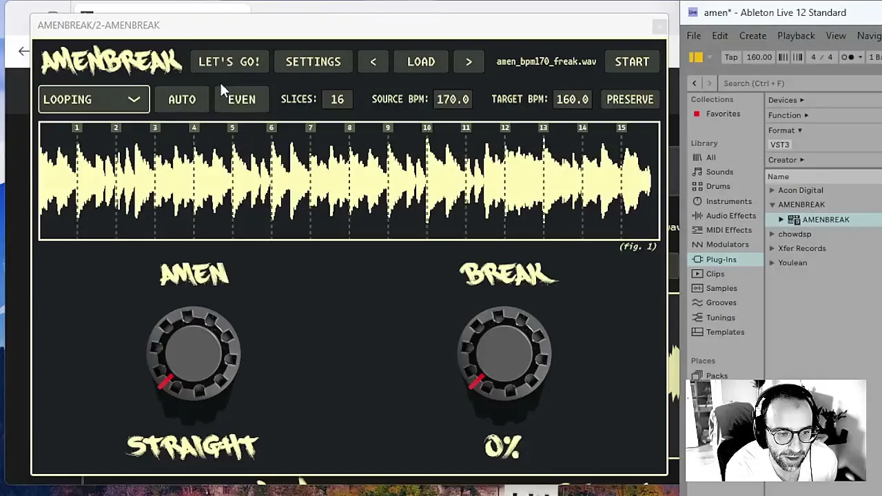AMENBREAK VST showing a waveform, 16 slices, source BPM, target BPM, AUTO and EVEN controls
