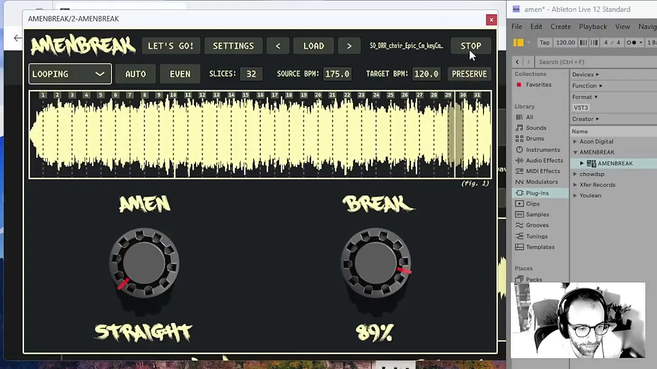 AMENBREAK VST slicing a vocal waveform with pitch preservation available