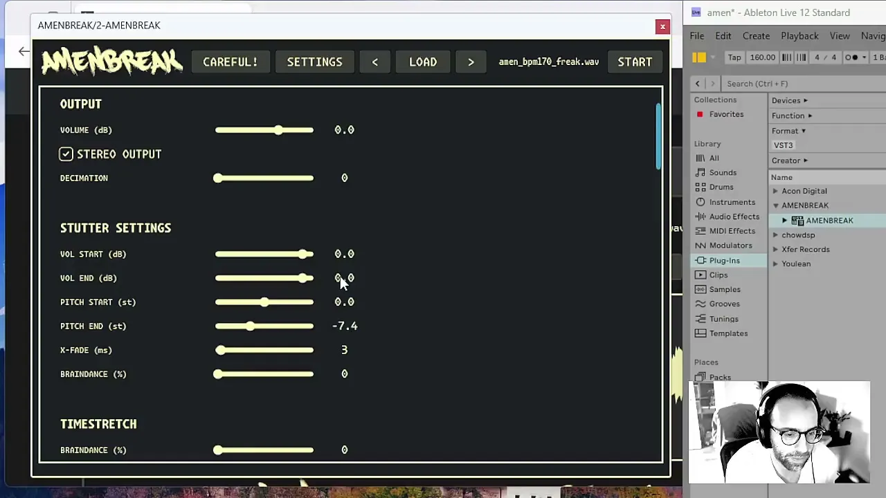 AMENBREAK VST settings showing stutter volume, pitch, crossfade, and braindance controls