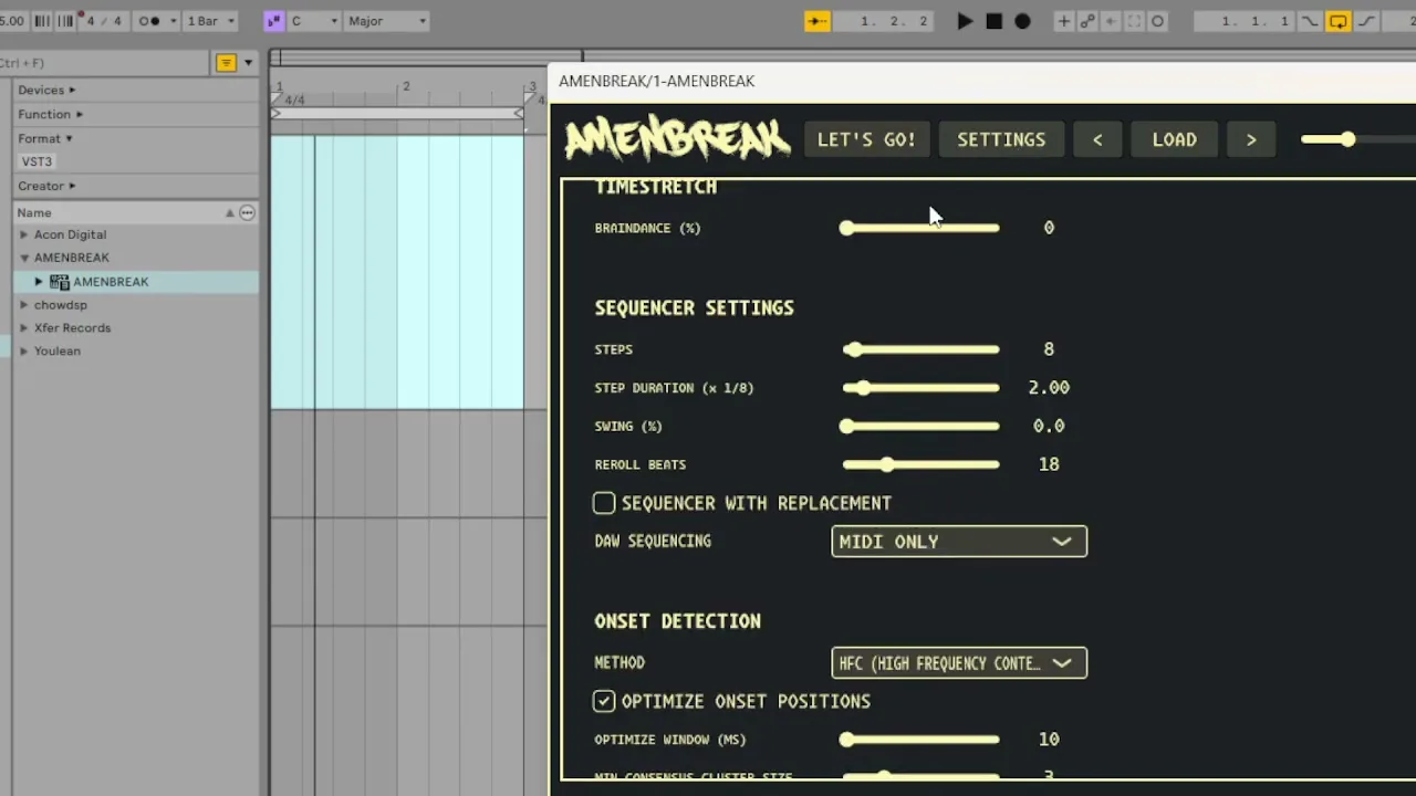 AMENBREAK VST settings open beside an empty Ableton MIDI lane before exporting a pattern