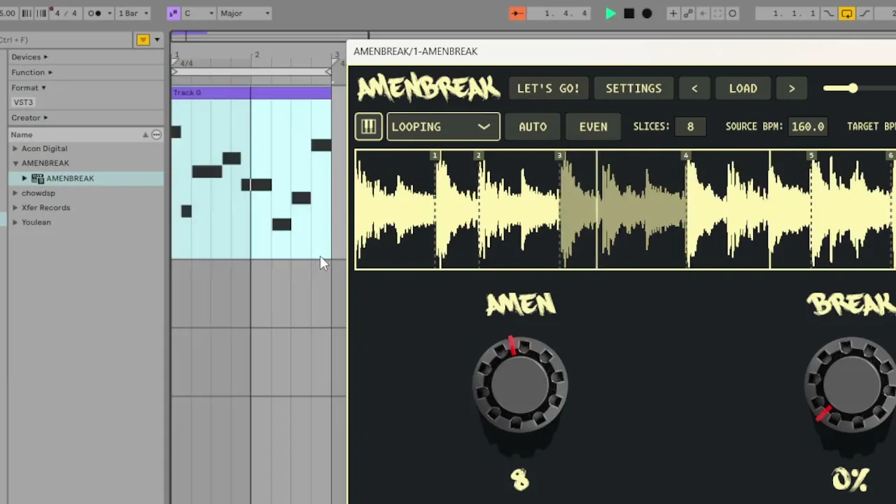 A saved random AMENBREAK MIDI variation displayed in an Ableton Live clip