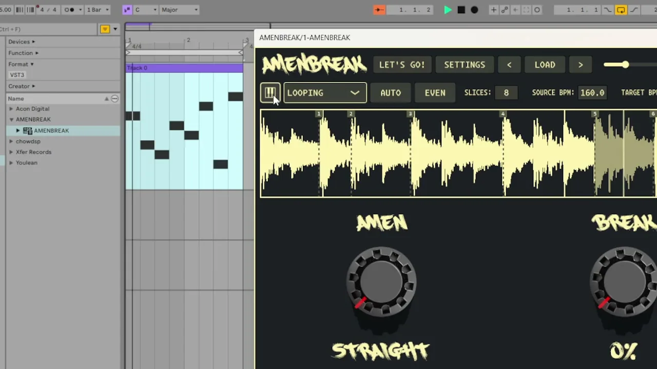 A rearranged AMENBREAK MIDI pattern placed beside the plugin in Ableton Live