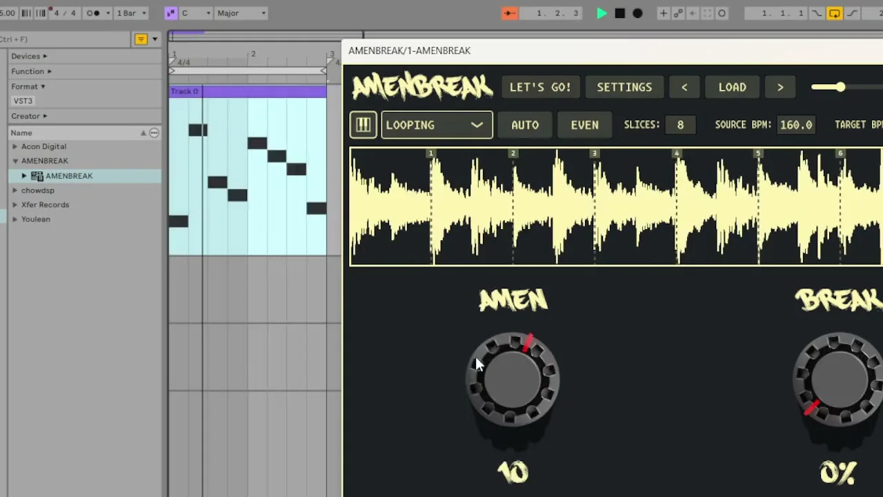 A straight ascending AMENBREAK MIDI pattern selected in Ableton Live
